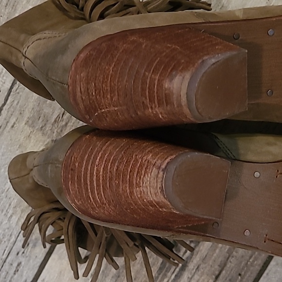 Sam Edelman Louis Louie Taupe Green Suede Leather Fringe Ankle Boots 10 Western - Picture 9 of 14